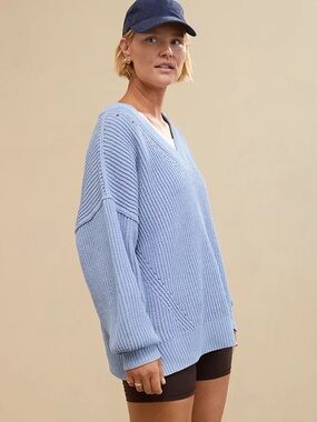 Aerie Beyond Chenille V-Neck Sweater Blue Oversized Ribbed Knit S 1180-3562